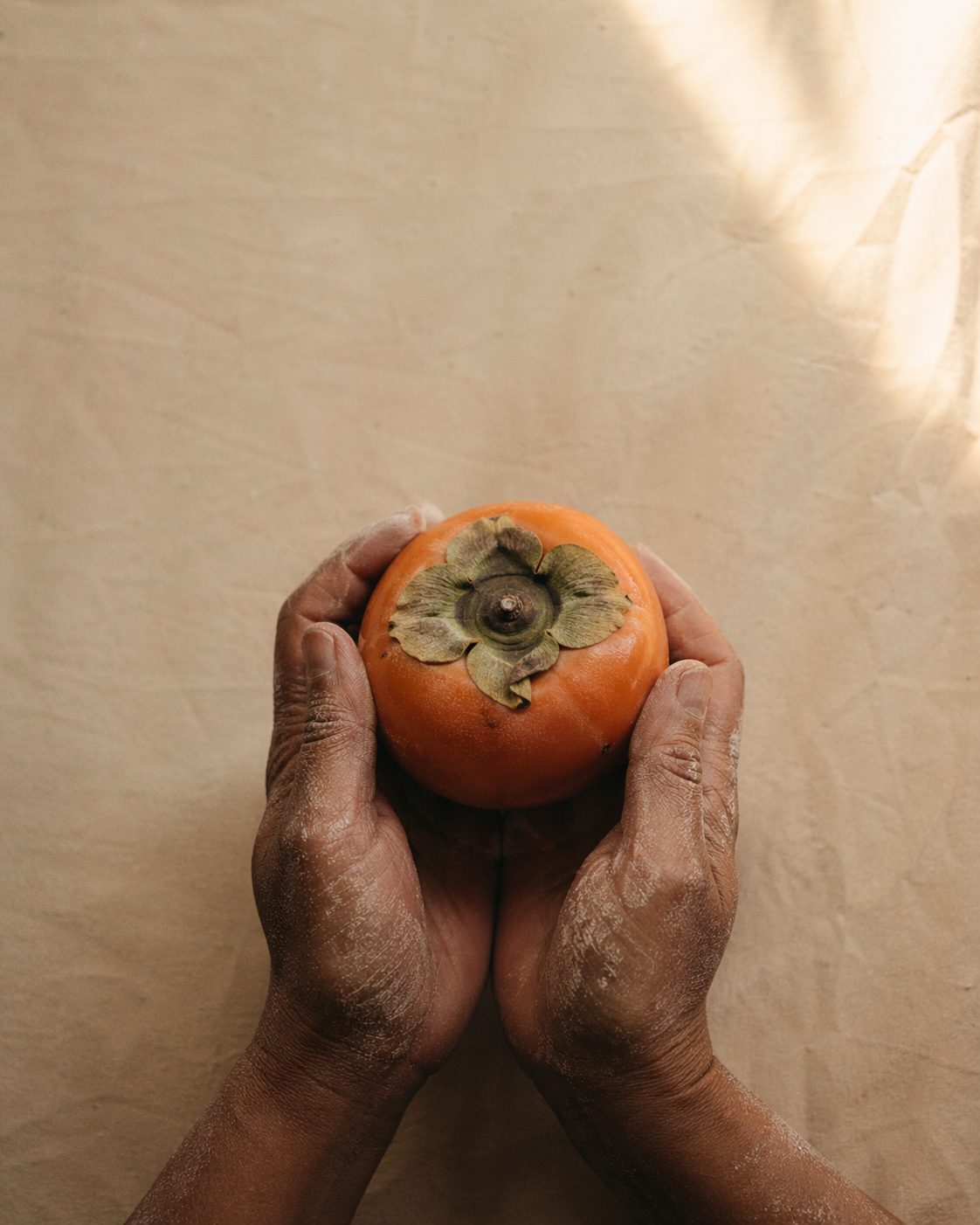 A pair of flour-dusted cook's hands holding a ripe persimmon with its green calyx in morning light.