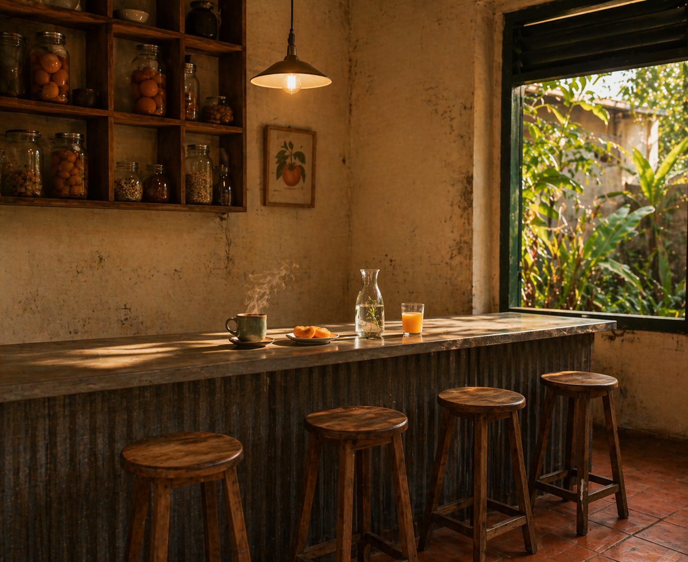 Warm interior of the café — long zinc counter, four wooden stools, a pendant lamp, and a window opening to a tropical courtyard.