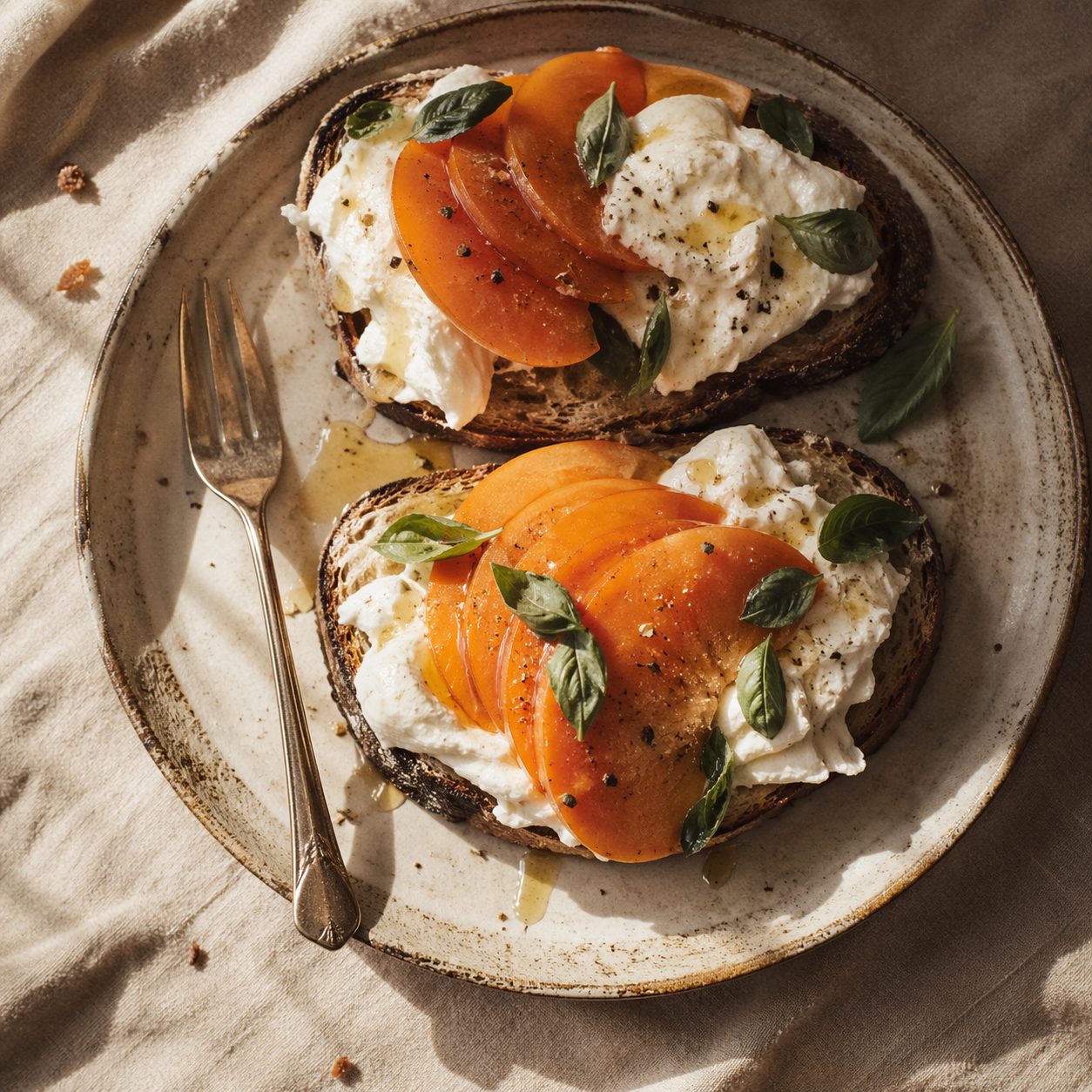 Persimmon and burrata on dark sourdough, scattered with basil and honey.