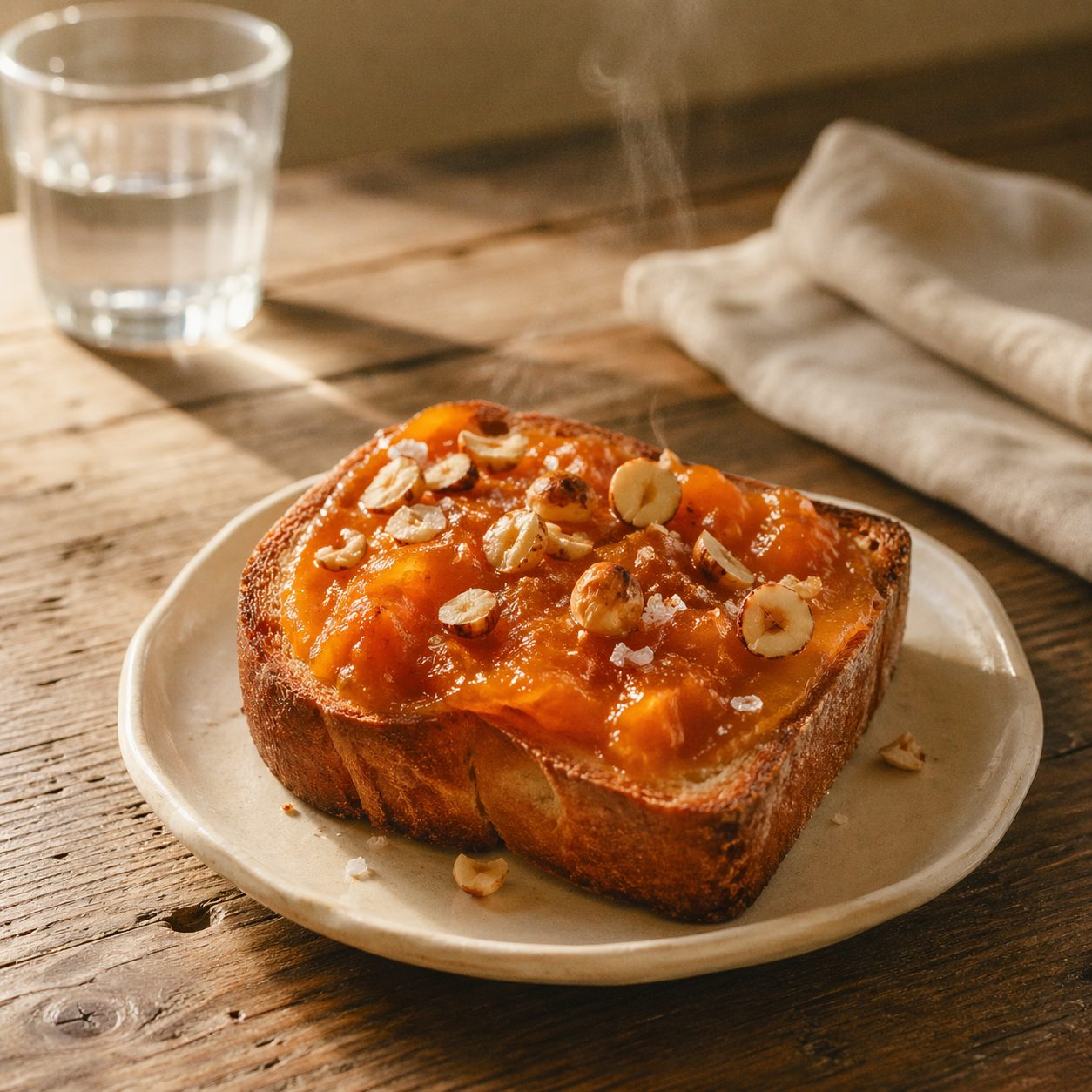 Hachiya persimmon pulp spread thickly on milk toast with toasted hazelnut and sea salt, steam rising.