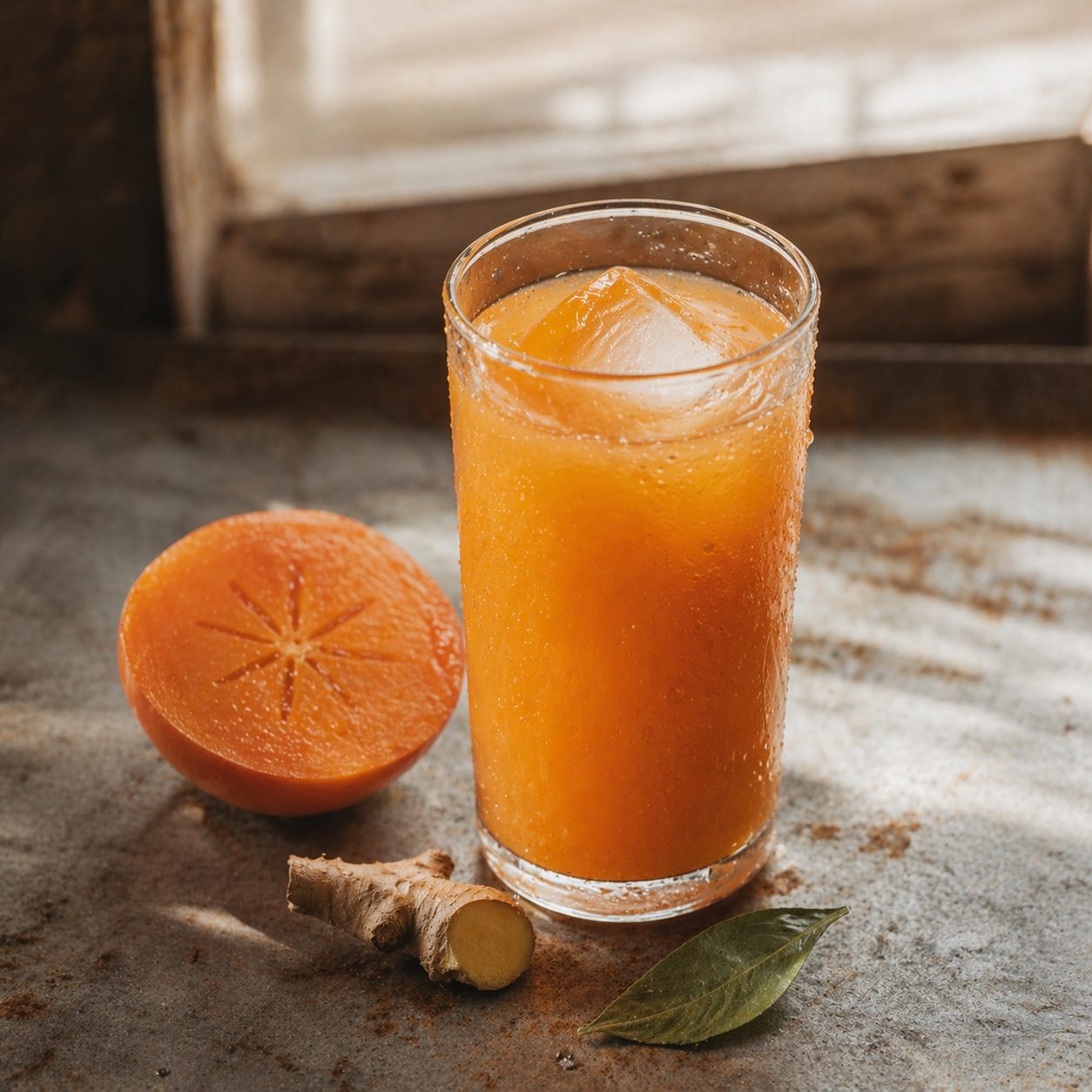 Tall glass of amber cold-pressed persimmon juice with a large ice cube, beside a halved persimmon and ginger root.