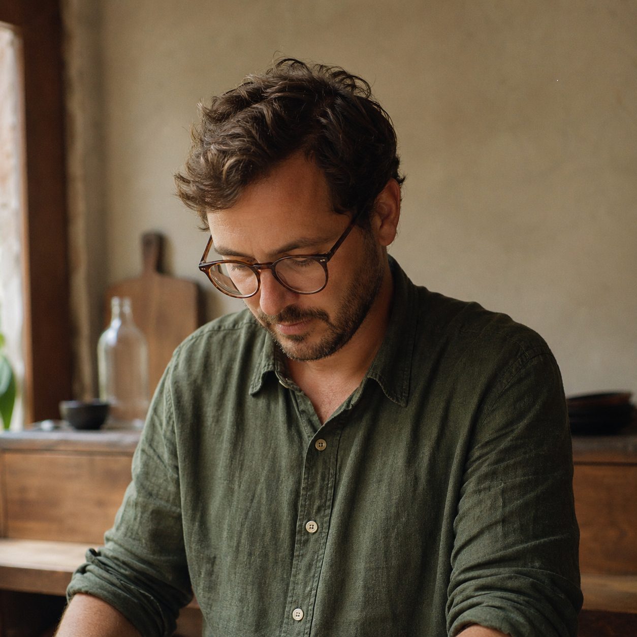 Hans van Rooij — co-owner working quietly at the counter.