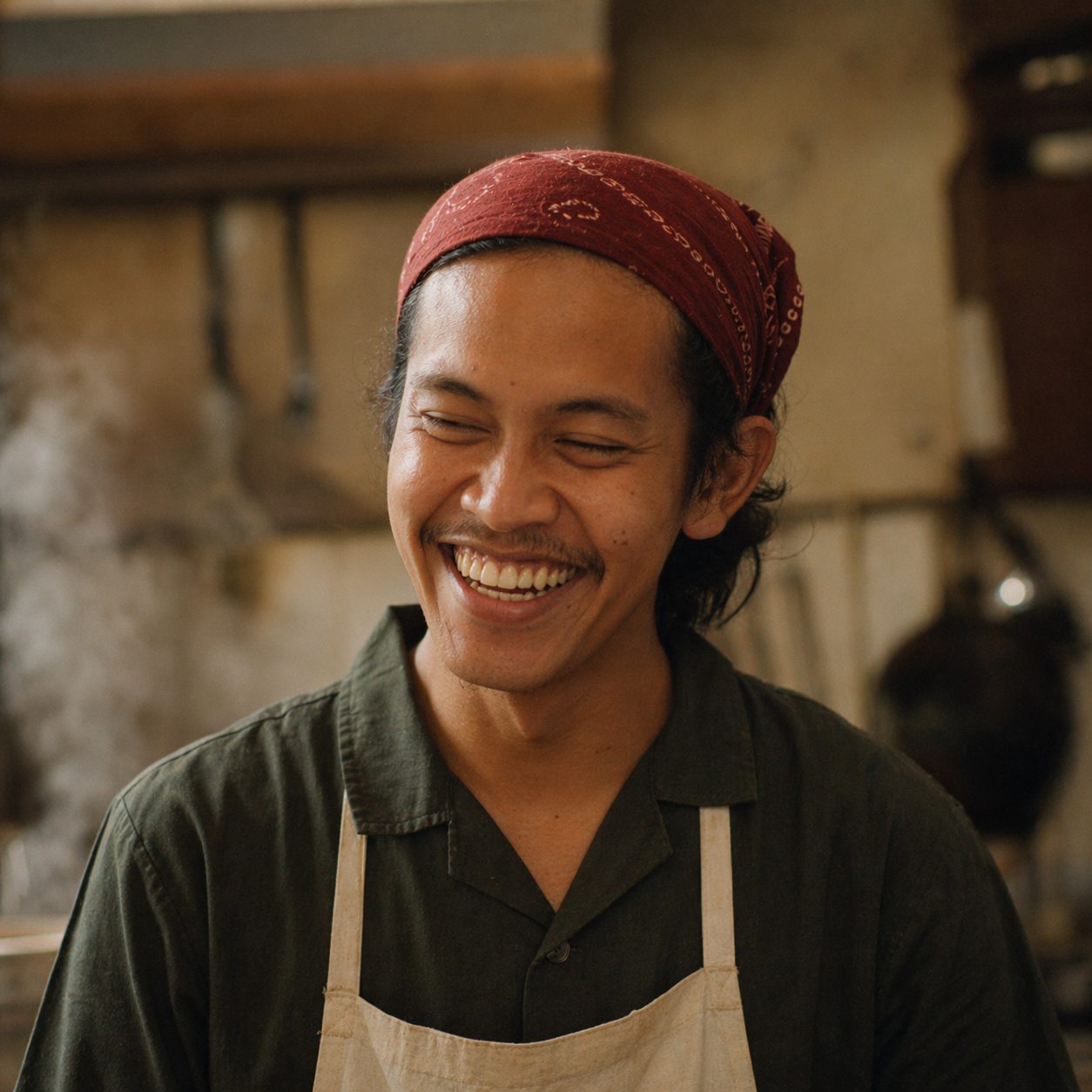 Dika Saputra — kitchen hand, laughing.